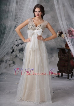 Beaded V-neck Champagne Lady Wear Prom Dress With Bow Inexpensive