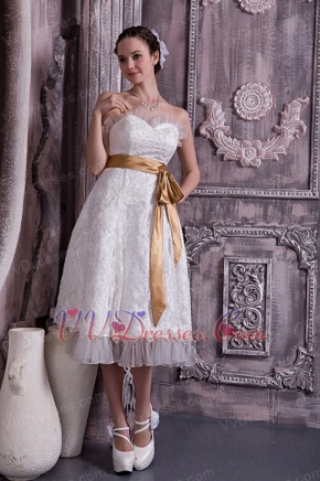 Sheath Sweetheart Tea-length Ribbon Lace Wedding Dress Short Low Price