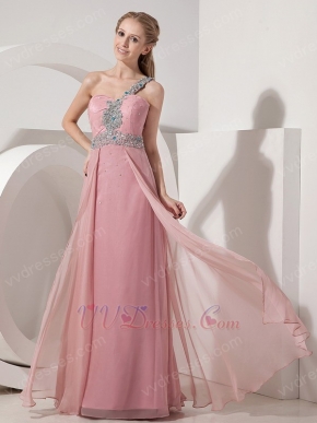 One Shoulder Baby Pink Chiffon Beaded Dress For Prom Wear