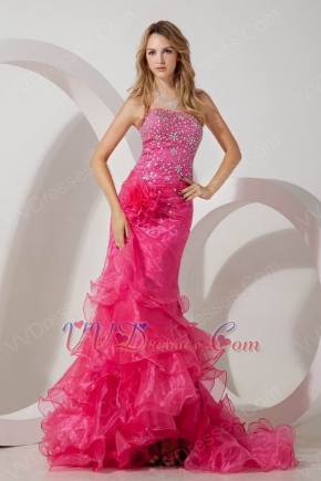 Fuchsia Flowers Decorate Beaded Mermaid Layers Evening Dress