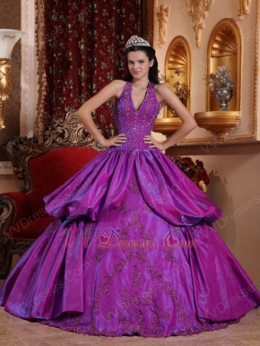 Applique Emberllish Dark Magenta Halter Quinceanera Gown