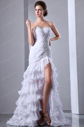 Ruffled Layers Skirt White Evening Dress With High Split