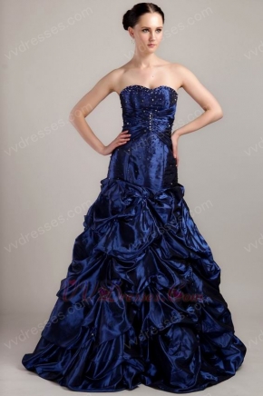 Sweetheart A-line Pick-ups Skirt Navy Blue Prom Ball Gown