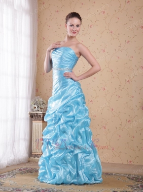 Wholesale Strapless Ruched Skirt Aqua Blue Organza Prom Dress