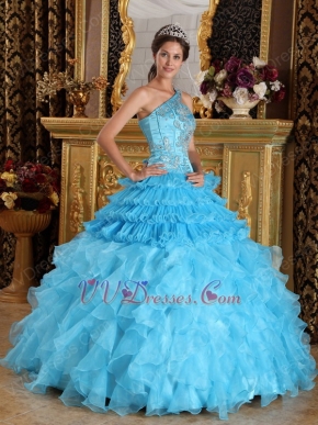 Aqua Gradient Fading Color Quinceanera Dress One Shouler Style