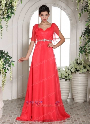 Coral Red Square Wing Sleeves Design Evening Party Dress V Shaped Back