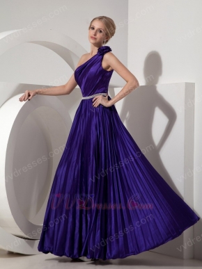 Dark Blue Purple One Shoulder Ankle-length Pleated Prom Dress