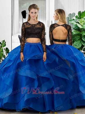 Black Lace Top Royal Blue Elastic Mesh Tape Ribbon Ruffles Bottom Two Pieces Ball Gown