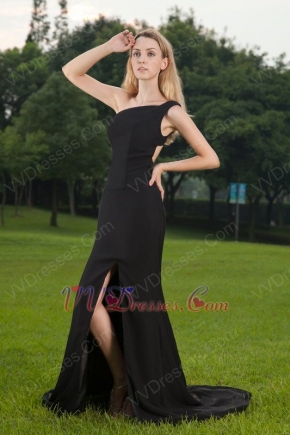 Column One Shoulder Black Prom Dress With High Split