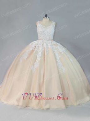 Sheer Scoop Court Train Flat Gauze Latin America Quince Ball Gown Off White Applique