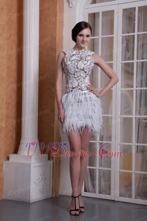Scoop Neck Lace Bodice Cocktail Dress With Feather Mini Skirt Luxury