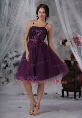 Spaghetti Straps Paillette Short Prom Dress Dark Purple Knee Length Sexy