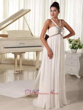 Exclusive V-Neck Straps Watteau Train Empire Prom Gown With Chocolate Bowknot