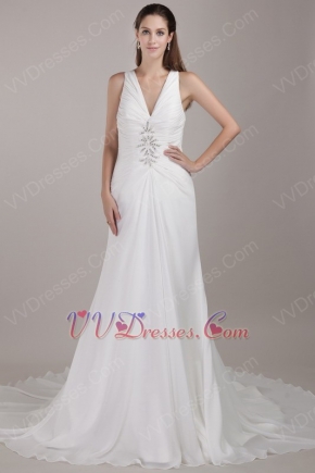 Ivory Chiffon Wedding Dress With Halter V Neckline Design