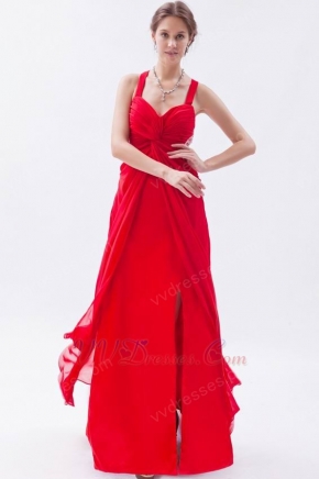 Exquisite Straps Front Split Skirt Scarlet Chiffon Prom Dress On Sale