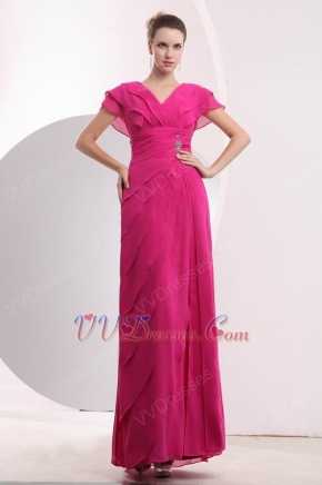 V Neck Magenta Rose Chiffon Layers Skirt Prom Dress Custom Fit