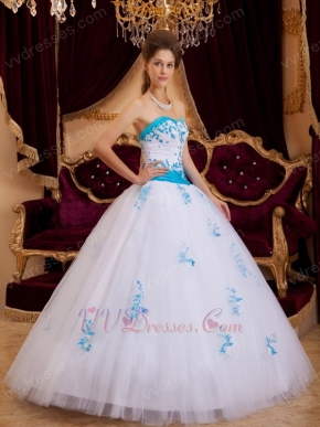 Elegant Trimed White Prom Ball Gown With Azure Blue Applique