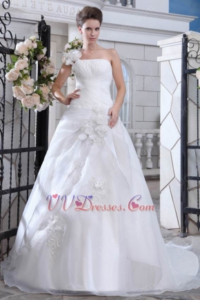 Modest White Flowers Appliqued Skirt Organza Wedding Dress