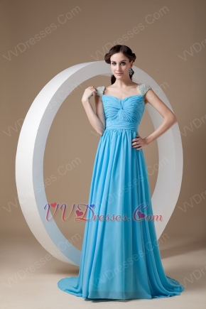 Beaded Cap Sleeves Prom Dress By Aqua Blue Chiffon Fabric