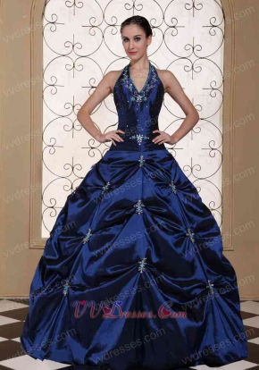 Halter Top Navy Blue Exciting Quinceanera Dress Silver Embroidery