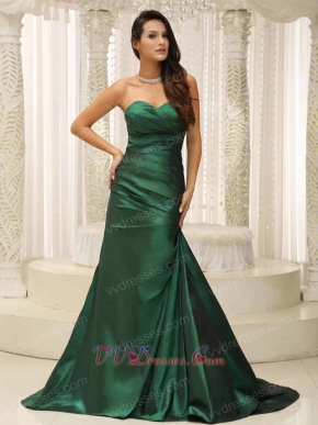 Modest Hunter Green Taffeta Brush Train Evening Party Mother Dress