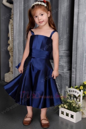 Navy Blue A-line Straps Tea-length Satin Bow Flower Girl Dress