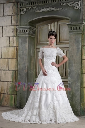 Modest Off The Shoulder Short Sleeves Appliques Wedding Dress Chapel Low Price