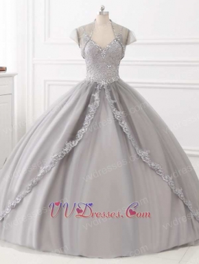 Dual Straps Applique Blouse Silver Tulle Quinceanera Evening Ball Gown and Jacket