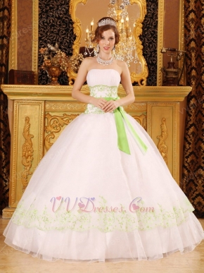 White Quinceanera Dress With Spring Green Embroidery