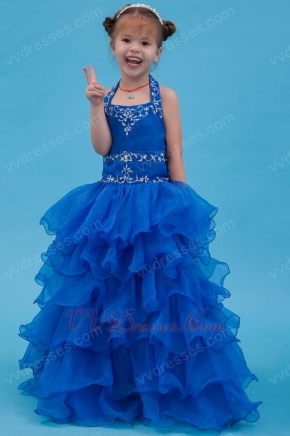 Cute Halter Embroidery Royal Blue Organza Flower Girl Dreses For Sale