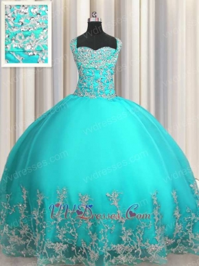 Double Wide Straps Cross Back Turquoise Sweet 15 Ball Gown With Silver Embroidery