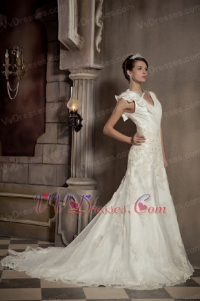 V-neck Chapel Train Rose Flowers Organza Wedding Dress Ivory Low Price