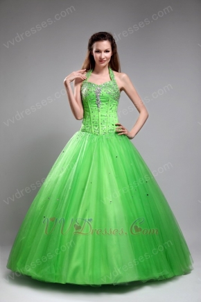 Halter Top Style Beaded Quinceanera Dress In Spring Green