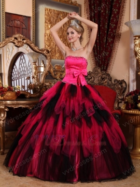 Black and Deep Pink Cascade Girl Quinceanera Dress For Cheap