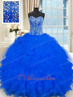 Full Silver Beading Bodice Royal Blue Quinceanera Gown Puffy Ruffles