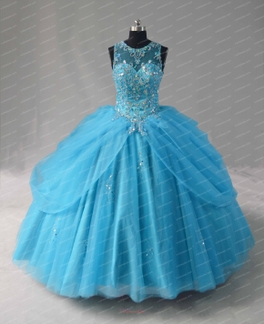 Aqua Tulle Flutters Curtain Designer Quinceanera Gown AB Crystals