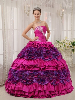 Strapless Fuchsia Quinceanera Dress With Rolling Flowers On Skirt