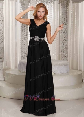 Crossed Tie On Chest Black Chiffon Mother Evening Gowns Beading Belt