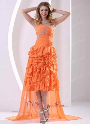 Orange Chiffon Shank Length Ruffles Prom Dresses With Detachable Train