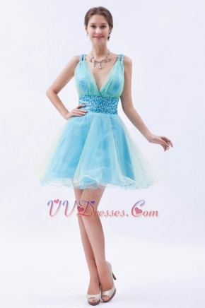 Colorful V-Neck Light Blue Custom Make Short Prom Dress