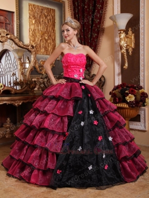 Cerise And Black Layers Skirt Trimed Dress To 2014 Quinceanera