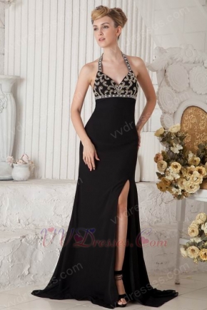 Cheap Halter Split Embellish Black Chiffon Evening Dress