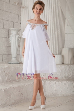 Off Shoulder Knee-length White Chiffon Beaded Prom Short Dress