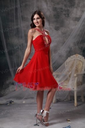 V-neck Knee-length Red Chiffon Beaded Prom Dress Short Knee Length Sexy