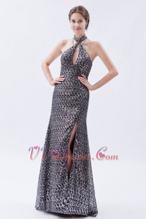 Glamorous Halter Sequin Front Split Silver Evening Dress