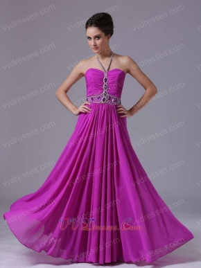 Spaghetti Halter Strap Purple Chiffon Prom Night Dress With Crystals