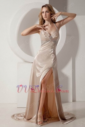 Halter Champagne Evening Gown With Side Split Skirt