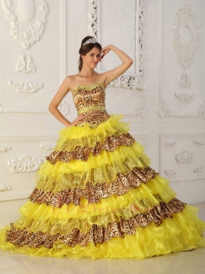 Beautiful Yellow And Leopard Print Layers Design Quinceanera Dress On Sale