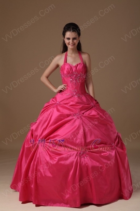 Halter Top Coral Red Puffy Quinceanera Dress Not Expensive