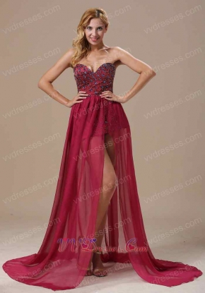 Burgundy Beaded Bodice Chiffon Unique Design Prom Dresses Without Lining